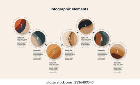 Business process chart infographics with 7 step circles. Round workflow graphic elements. Company flowchart presentation slide. Vector info graphic in flat design