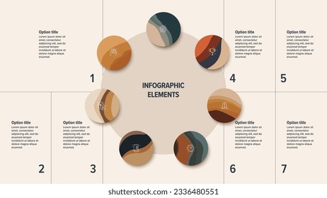 Business process chart infographics with 7 step circles. Round workflow graphic elements. Company flowchart presentation slide. Vector info graphic in flat design