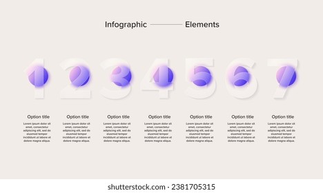 infografías de la gráfica de procesos empresariales con 7 círculos de pasos. Elementos gráficos circulares del flujo de trabajo corporativo. diapositiva de presentación del diagrama de flujo de la empresa. Gráfico informativo vectorial en diseño de glasmorfismo.