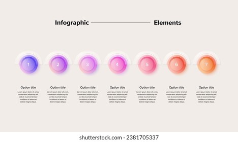 Business process chart infographics with 7 step circles. Circular corporate workflow graphic elements. Company flowchart presentation slide. Vector info graphic in glassmorphism design.