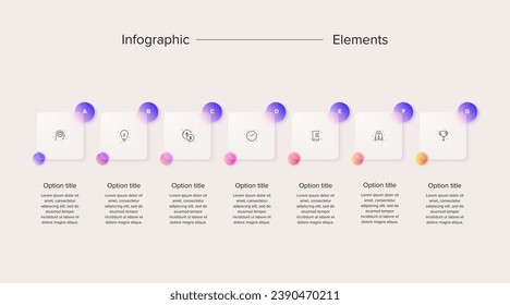 Business process chart infographics with 7 step squares. Rectangular corporate workflow graphic elements. Company flowchart presentation slide. Vector info graphic in glassmorphism design.