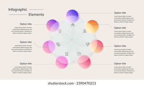 Business process chart infographics with 7 step circles. Circular corporate workflow graphic elements. Company flowchart presentation slide. Vector info graphic in glassmorphism design.