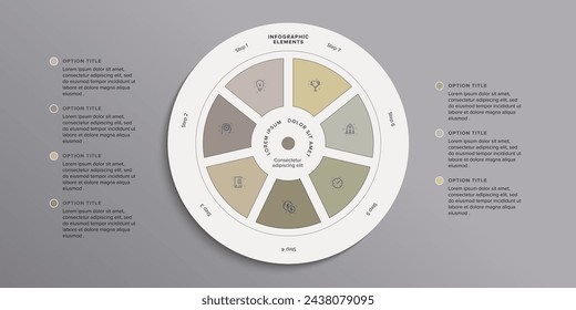 Business process chart infographics with 7 step circles. Round workflow graphic elements. Company flowchart presentation slide. Vector info graphic in flat design