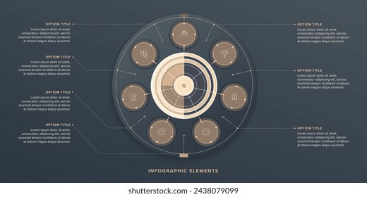 Business process chart infographics with 7 step circles. Round workflow graphic elements. Company flowchart presentation slide. Vector info graphic in flat design