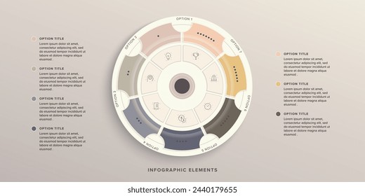 Infografía de gráfico de proceso de negocio con 7 círculos de pasos. Elementos gráficos de flujo de trabajo redondeados. Diapositiva de presentación de diagrama de flujo de empresa. Gráfico de información vectorial en diseño plano