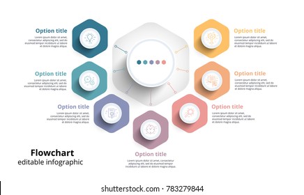 Infografiken zu Geschäftsprozessen mit 7 Stufensegmenten. Circular corporate timeline Infoelemente. Vorlage für Firmenpräsentationen Modernes Vektorgrafik-Layout-Design.