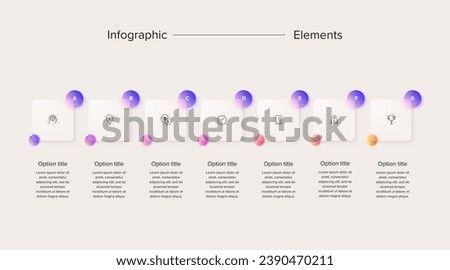 Business process chart infographics with 7 step squares. Rectangular corporate workflow graphic elements. Company flowchart presentation slide. Vector info graphic in glassmorphism design.