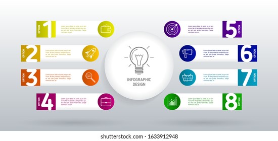 Business process chart infographics with 8 steps in modern flat deign. Circle corporate workflow graphic elements. Company flowchart presentation slide template. Vector info graphic.
