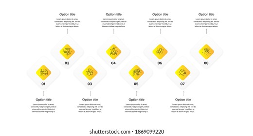 Business process chart infographics with 8 step squares. Circular corporate workflow graphic elements. Company flowchart presentation slide template. Vector info graphic design.