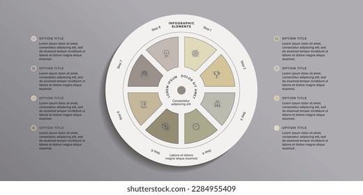 infografía de la gráfica de procesos empresariales con 8 círculos de pasos. Elementos gráficos de flujo de trabajo de redondeo. diapositiva de presentación del diagrama de flujo de la empresa. Gráfico informativo vectorial en diseño plano