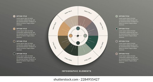 Business process chart infographics with 8 step circles. Round workflow graphic elements. Company flowchart presentation slide. Vector info graphic in flat design