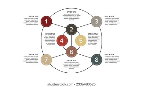 Business process chart infographics with 8 step circles. Round workflow graphic elements. Company flowchart presentation slide. Vector info graphic in flat design