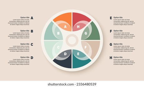 Business process chart infographics with 8 step circles. Round workflow graphic elements. Company flowchart presentation slide. Vector info graphic in flat design