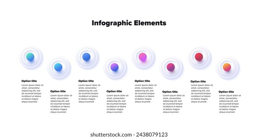 Business process chart infographics with 8 step spheres. Round workflow graphic elements. Company flowchart presentation slide. Vector info graphic design