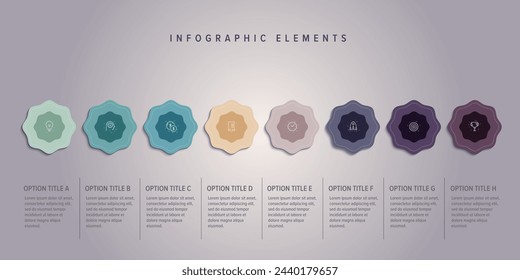 Infografía de gráfico de proceso de negocio con 8 círculos de pasos. Elementos gráficos de flujo de trabajo redondeados. Diapositiva de presentación de diagrama de flujo de empresa. Gráfico de información vectorial en diseño plano