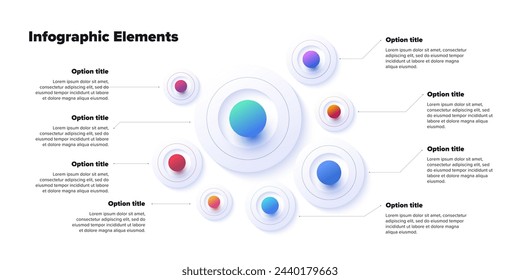 Infografiken zu Geschäftsprozessdiagrammen mit 8 Stufen-Sphären. Runden Sie grafische Elemente des Workflows. Folie zur Präsentation des Unternehmens-Flussdiagramms. Vektorinfo-Grafikdesign