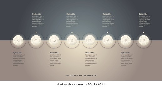 Infografía de gráfico de proceso de negocio con 8 círculos de pasos. Elementos gráficos de flujo de trabajo redondeados. Diapositiva de presentación de diagrama de flujo de empresa. Gráfico de información vectorial en diseño plano