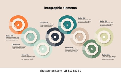 Business process chart infographics with 8 step circles. Round workflow graphic elements. Company flowchart presentation slide. Vector info graphic in flat design