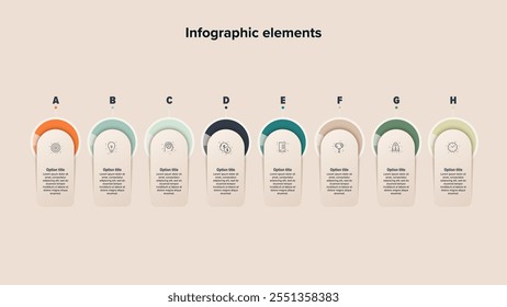 Business process chart infographics with 8 step circles. Round workflow graphic elements. Company flowchart presentation slide. Vector info graphic in flat design