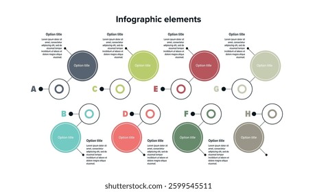 Business process chart infographics with 8 step circles. Round workflow graphic elements. Company flowchart presentation slide. Vector info graphic in flat design