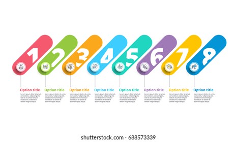 Business Process Chart Infographics With 8 Step Circles. Circular Corporate Workflow Graphic Elements. Company Flowchart Presentation Slide Template. Vector Info Graphic Design.