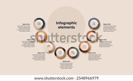 Business process chart infographics with 8 step circles. Round workflow graphic elements. Company flowchart presentation slide. Vector info graphic in flat design