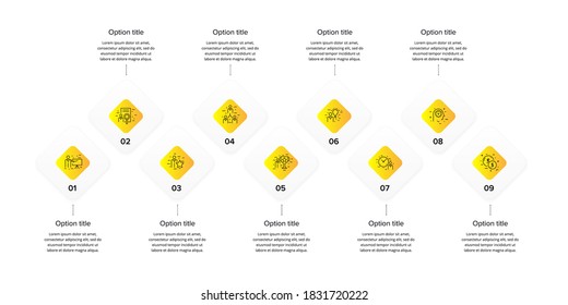 Business process chart infographics with 9 steps. Corporate workflow scheme graphic elements. Company flowchart presentation slide template. Vector info graphic design.