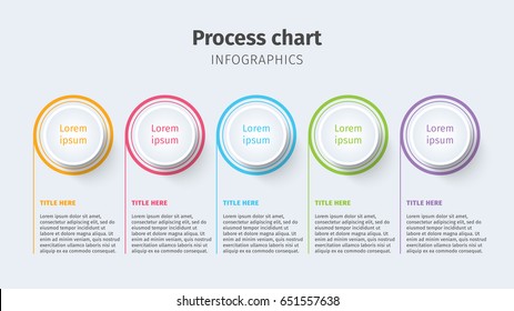 Business process chart infographics with step circles. Circular corporate timeline graphic elements. Company presentation slide template. Modern vector info graphic layout design.