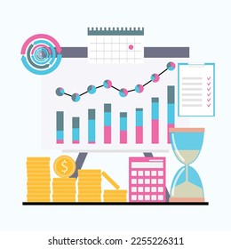 Geschäftsprozessdiagramm, Zeit und Geld, Ziele und Ziele. Vektorgrafik von Kartengeld, Infografikations- und Diagrammworkflows, Visualisierung von Management-Illustrationen
