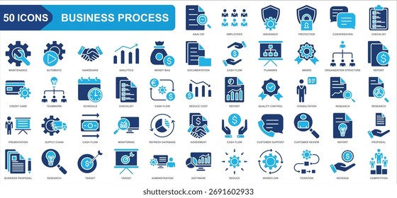 Conjunto de iconos de colección de procesos de negocio. Empleados, Analyze, seguros, protección, conversación, lista de verificación, informe. Vector plano simple.