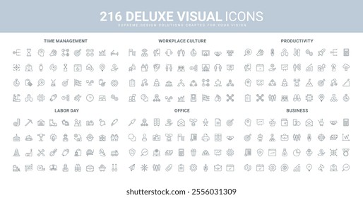 Business process and communication in office, at workplace, time management line icon set. Productivity tools and solutions, labor day and worker safety thin black outline symbols vector illustration