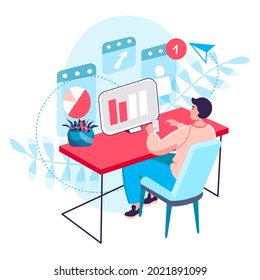 Concepto de proceso comercial. Analista analiza datos, el hombre trabaja con estadísticas en la computadora. Optimización y desarrollo de la escena de caracteres de estrategia. Ilustración de vectores en diseño plano con actividades de personas
