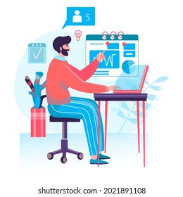 Concepto de proceso comercial. Análisis de estadísticas de investigación, análisis de datos financieros, desarrollo de estrategias. Escena de caracteres de optimización y planificación. Ilustración de vectores en diseño plano con actividades de personas