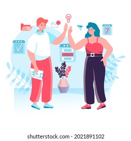 Concepto de proceso comercial. Analista de estadísticas de investigación de equipo y analiza datos juntos. Optimización y desarrollo de la escena de caracteres de estrategia. Ilustración de vectores en diseño plano con actividades de personas