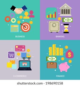 Business process concept of banking e-commerce shopping finance flat icons set vector illustration