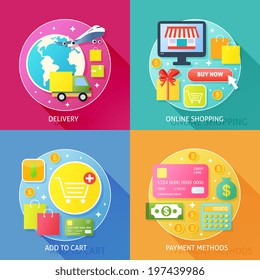 Business process concept of delivery online internet shopping add to cart and payment methods icons set vector illustration