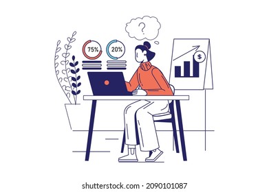 Concepto de procesos de negocio en diseño de línea plana para banner web. Mujeres analizando estadísticas financieras y creando estrategia de desarrollo, escena de la gente moderna. Ilustración del vector en el estilo gráfico de contorno
