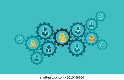 Business process concept illustration with gear cogs and avatar silhouettes. Flat design and punchy pastel colors