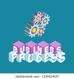 Business process concept. Image of a gears and coins. Highly detailed vector illustration of isometric objects