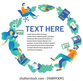 Business process concept for landing web page, banner, web design, presentation. Virtual office, people work at computers. Teamwork. Flat vector illustration.