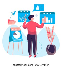 Concepto de proceso comercial. El hombre analiza datos y estadísticas de la empresa, realiza la presentación con el informe. Escena de caracteres de contabilidad y consultoría. Ilustración de vectores en diseño plano con actividades de personas