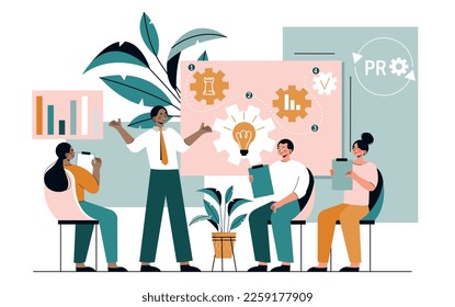 Business process concept. Men and women work on common project. Idea and brainstorming, creative personalities. Planning and goal setting, conference and meeting. Cartoon flat vector illustration