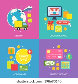 Business process concept of online internet shopping payment delivery flat icons set vector illustration