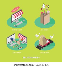 Business process concept of online internet shopping payment delivery isometric icons set vector illustration