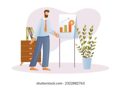 Business process concept with people scene in the flat cartoon design. A man analyzes the data of his business case. Vector illustration.
