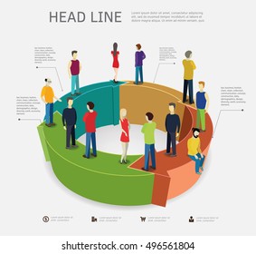 Business process concept with people standing on arrows . 3d isometric flat style