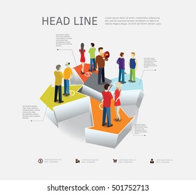 Business process concept with people standing on arrows . 3d isometric flat style