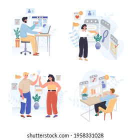 Business process concept scenes set. Analysts research statistics, company analytics, management, marketing strategy. Collection of people activities. Vector illustration of characters in flat design