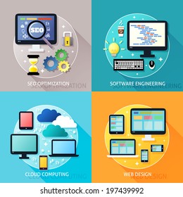 Business process concept of seo optimization software engineering cloud computing and web design icons set vector illustration