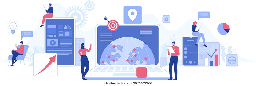 Business process concept. Teamwork of international company, analysis of global data, development of successful strategy and organization of team. Vector character illustration for banner design